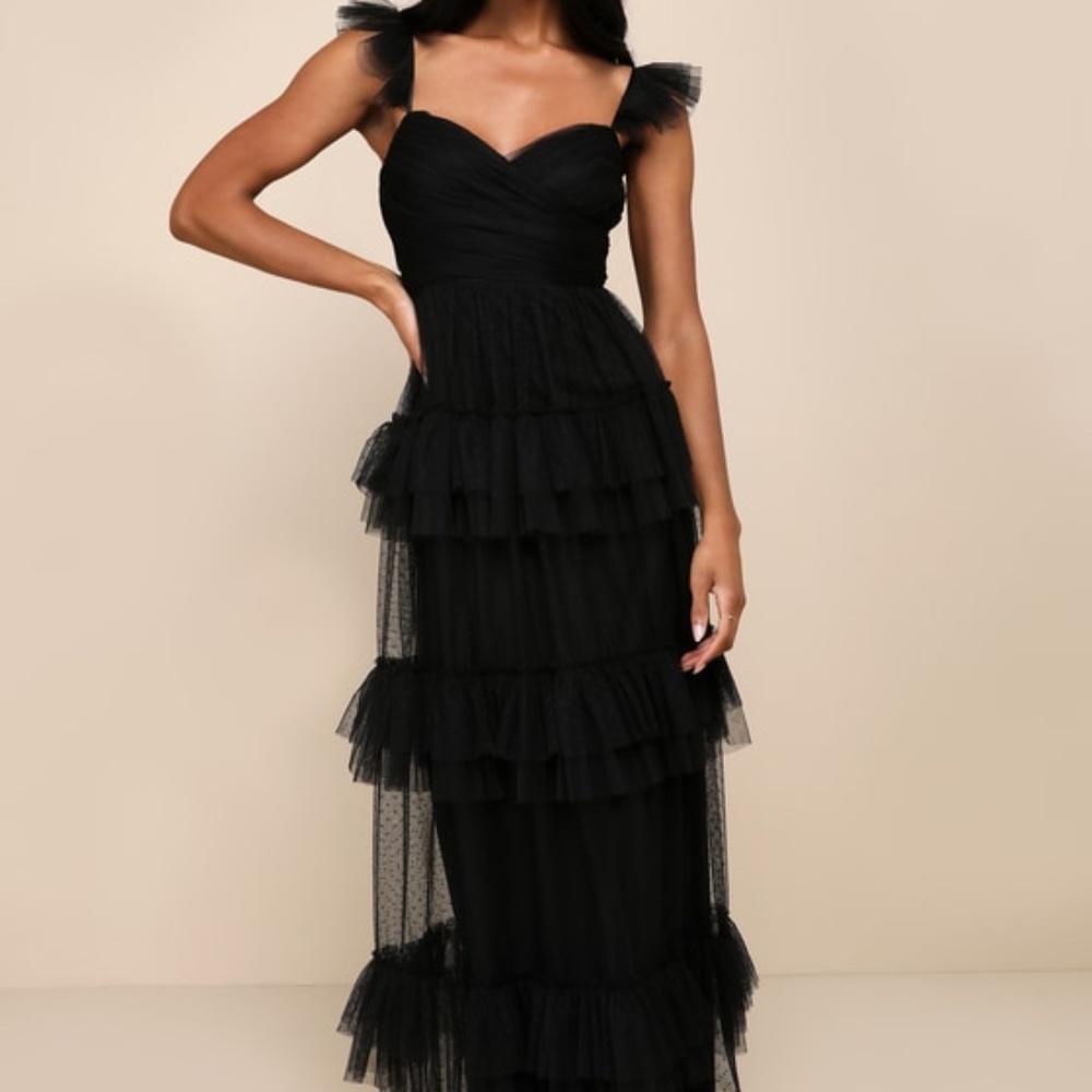 Lulus Pure Radiance Black Mesh Swiss Dot Tiered Maxi Dress - Size M